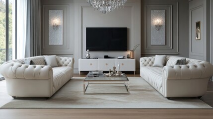 Elegant living room, cream sofas, city view