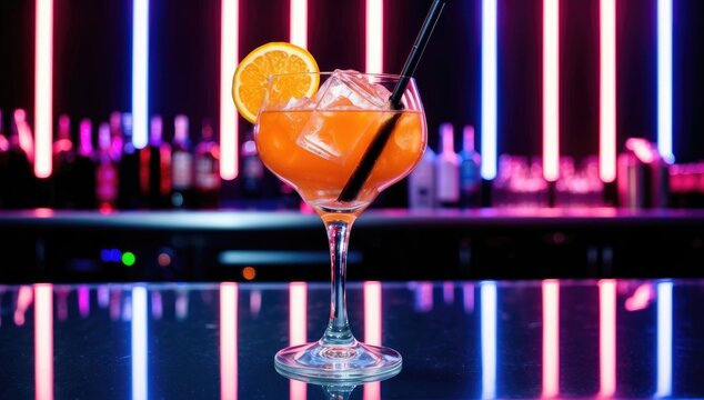 Cocktail glass with ice cubes orange slice black straw on reflective bar surface, night club background with neon lights. Nightlife party, cocktail bar theme. Party beverage concept for advertising