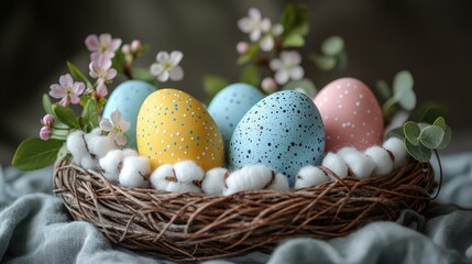 Pastel dotted eggs in nest with flowers and cotton, on draped cloth