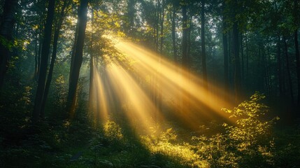 Obraz premium Sunbeams streaming down in a dark forest, creating a mystical and magical glow.