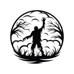 Silhouette of Scary Undead Zombie Monster with Hands Up in Black & White