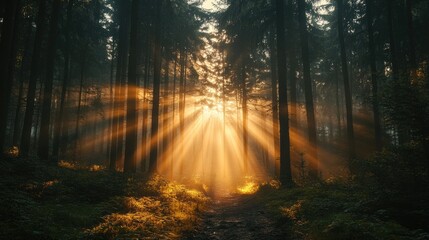 Fototapeta premium Sunbeams streaming down in a dark forest, creating a mystical and magical glow.