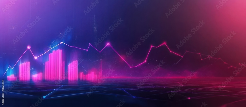 Poster abstract financial chart with rising bar graph and line graph on dark backdrop