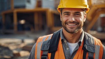 A smiling construction worker wearing a yellow hard hat and an orange safety vest stands on a job site.