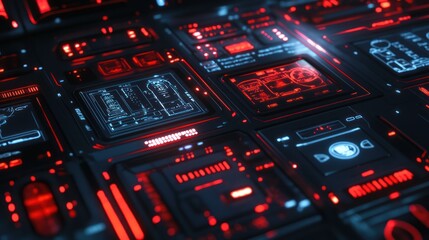Obraz premium Complex futuristic interface with detailed screens and illuminated buttons