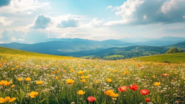 Vibrant Wildflower Meadow: A Serene Hillside Landscape