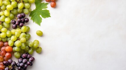 Fresh assortment of green, red, and purple grapes with grape leaves on a light background, close-up view, and vibrant and healthy fruits concept.