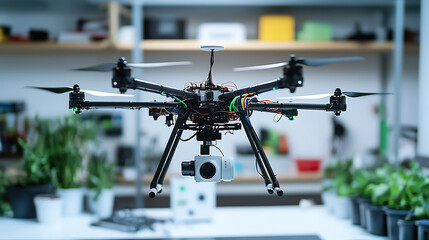 A robotic arm assembling precision AI powered drones for agricultural spraying in a farm tech lab, sensors and AI systems being integrated for pesticide and fertilizer distribution, Agri-tech style