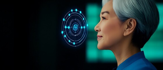 Naklejka premium Elder woman with short gray hair smiles at a futuristic digital display in blue