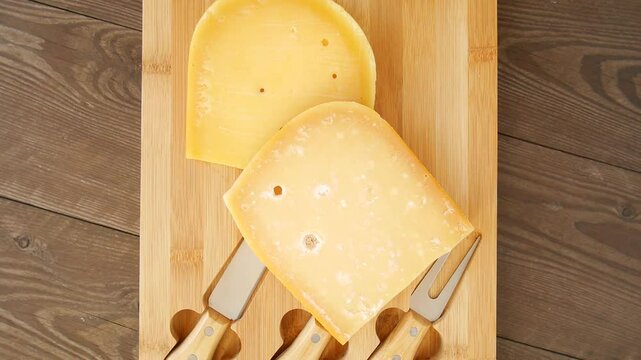 Cheese portions arranged on rustic wooden cutting board, featuring serving utensils and showcasing gourmet dairy delicacy with professional food styling.