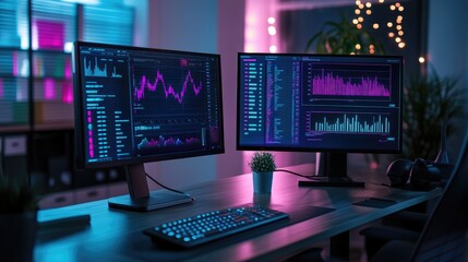 Night Stock Market Data Analysis: Dual Monitor Setup with Neon Lighting