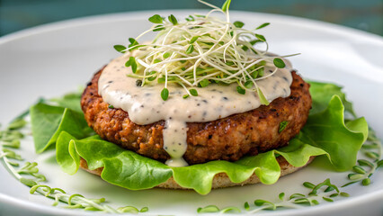 Plant-Based Burgers Delicious plant based burgers topped with creamy sauce and sprouts on fresh lettuce
