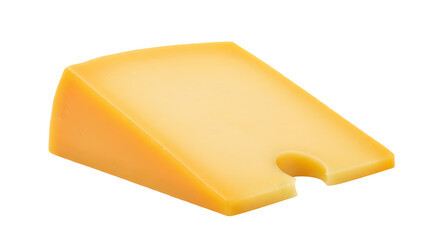 A wedge of pale yellow cheese with characteristic holes, isolated on a black background.  A delicious dairy product.
