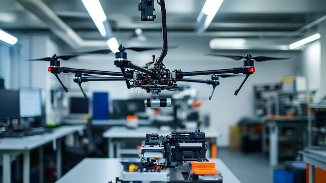 A robotic arm assembling precision drones for aerial surveying in a specialized drone lab, AI sensors optimizing flight capabilities and data collection, Surveying-tech style