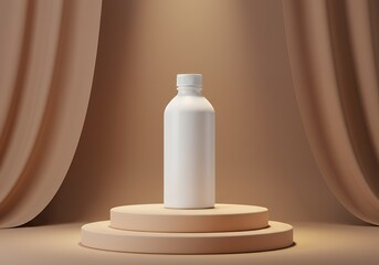 White Bottle Mockup on Podium with Fabric Backdrop Product Display