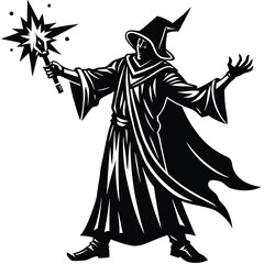 Silhouette Wizard in Robes with Pointed Hat Conjuring Stars and Magic in Field
