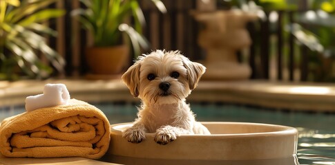 Adorable Puppy Relaxing in Spa Poolside Setting