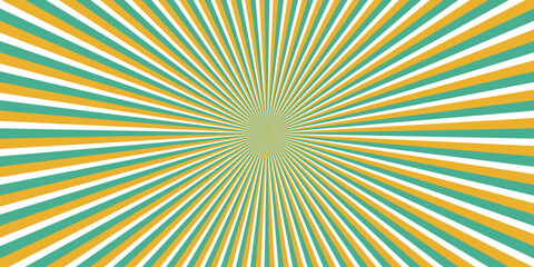 Sun brust background of 3 colors, white green yellow. Horizontal, explosion, circle, radial, stripe vintage, comic. Vector