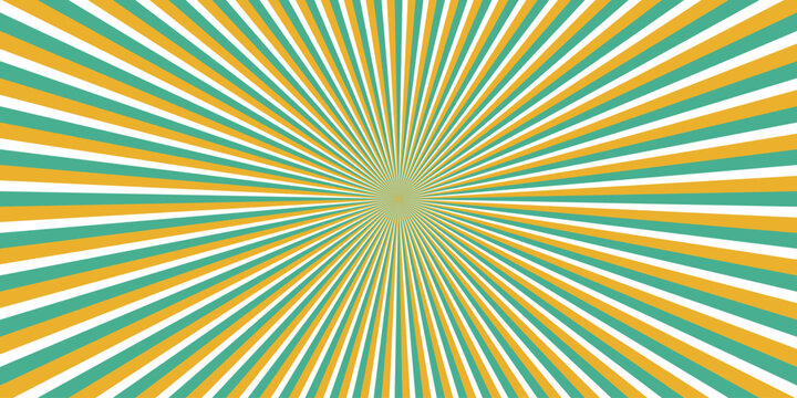 Sun brust background of 3 colors, white green yellow. Horizontal, explosion, circle, radial, stripe vintage, comic. Vector