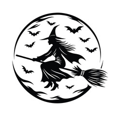 Witch Silhouette Riding Broomstick Flying with Stars, Traditional Costume, Black & White