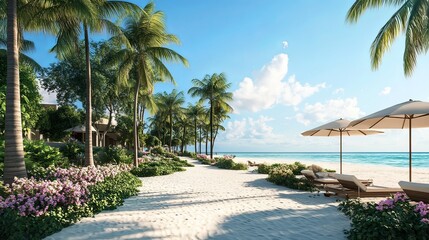 Tropical beach paradise seaside resort scenic landscape sunny environment serene viewpoint vacation concept