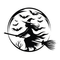 Silhouette Witch Flying On Broom Over Crescent Moon Among Stars Black and White Art