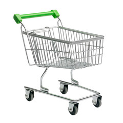 An empty shopping trolley with a green handle placed on a smooth surface indoors, An empty shopping trolley with a green handle