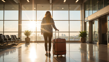 Woman with suitcase standing in airport at sunrise
