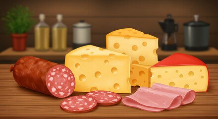 A digital illustration of a pile of slices from a juicy sausage and cheese