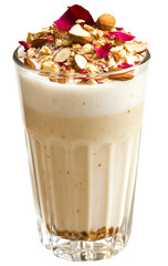 Rich Indian badam lassi with nuts and floral garnish in a glass isolated PNG