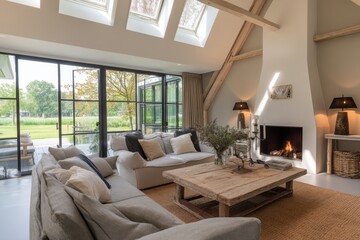 Fototapeta premium Cozy Living Room with Fireplace and Garden View