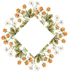 Cloudberry watercolor wreath. Cloudberry hand drawn frame. Northern berry for design of postcards and packaging, textiles etc.