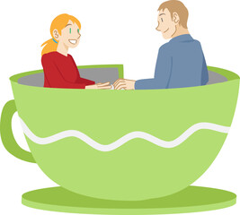 コーヒーカップに乗る白人カップル