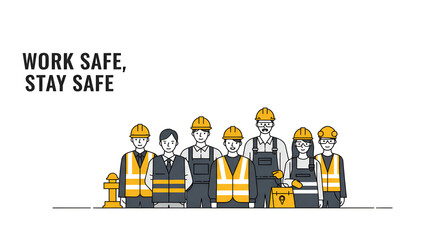 Minimalist design of safety slogan: 'Work Safe, Stay Safe' with illustration of workers in gear on white background