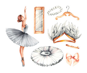 Watercolor ballet set with ballerinas and accessories. Ballerinas, pointe shoes, ballet costumes for designing invitations, cards, labels, etc. Ballet group of girls and dance theater accessories © SashaKondr
