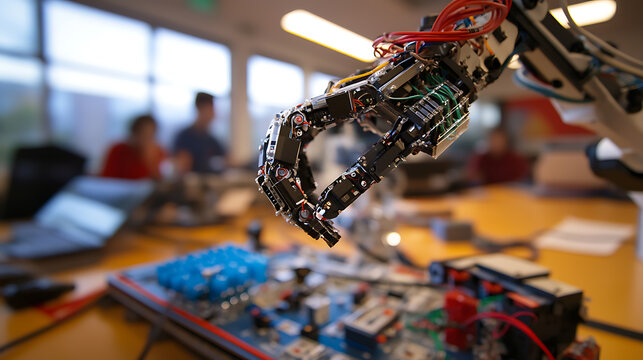 A robotic arm assembling robotics kits for educational purposes in a STEM learning lab, AI-powered kits being designed for student engagement in robotics education, Educational-tech style