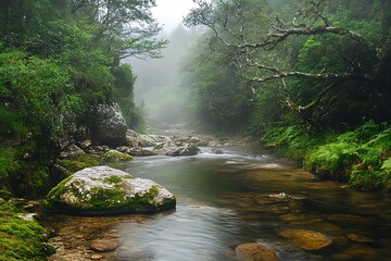 Obraz premium Scenic River Flowing Through Forest With Mossy Rocks Under Foggy Conditions