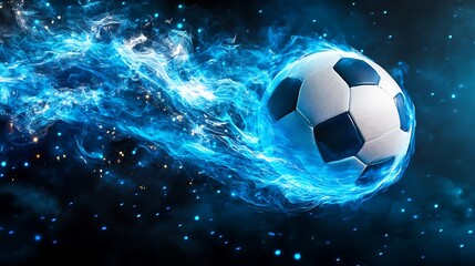 Naklejka premium Soccer Ball with Blue Energy Trail, Dynamic Motion, Abstract Background, Dark Theme