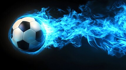 Soccer Ball with Blue Flame Trail Effect on a Dark Background, Burning Football
