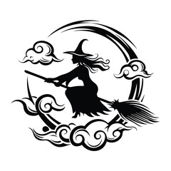 Witch Silhouette on Moon with Stars, Cape, Broom, Hat, Shoe Charms, Dress, Neckwear