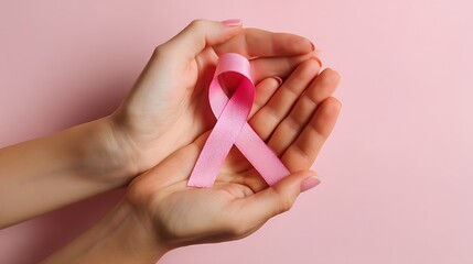 Hands holding a pink ribbon symbolizing breast cancer awareness