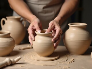 Person is making a vase out of clay. The vase is in the process of being formed making ceramic products with your own hands
