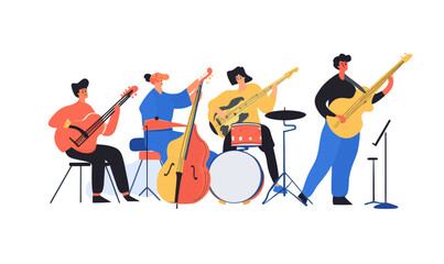 Obraz premium Retro Music Band Instruments Vector: Guitar, Drums, Cello, Saxophone, Electric Guitar