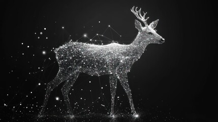 Abstract digital deer silhouette, walking, dark background, network connection.  Possible use technology, nature, modern art