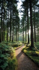 Fototapeta premium Sunlit path through a dense forest. Lush greenery and tall trees
