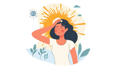 Heat Wave Relief Concept Vector with Flushed Woman Wiping Forehead in SVG Style