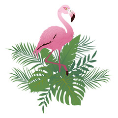 Beautiful vector floral summer pattern with tropical palm leaves and flamingo. Adorable flamingo isolated on white background. Print design