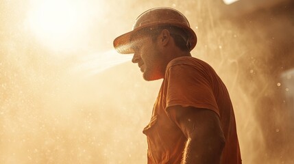 Construction worker in sunlit dust job site photography urban environment profile view hard work concept