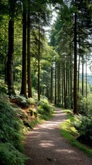 Obraz premium Sunlit path through a dense forest. Lush greenery, towering trees, and a well-worn trail