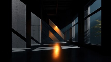 Obraz premium Interior corridor bathed in warm, focused light and shadows.